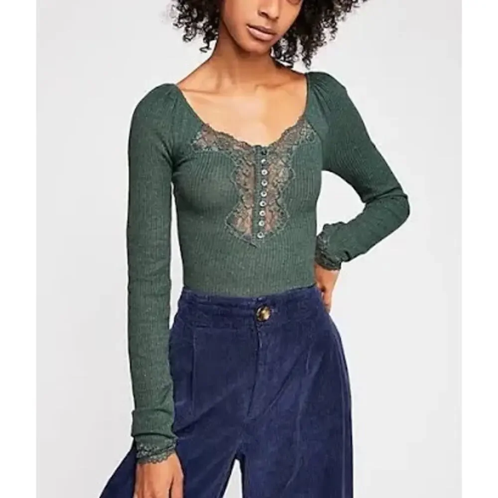Free People To The West Green Henley Long Sleeve Lace Top Size XS